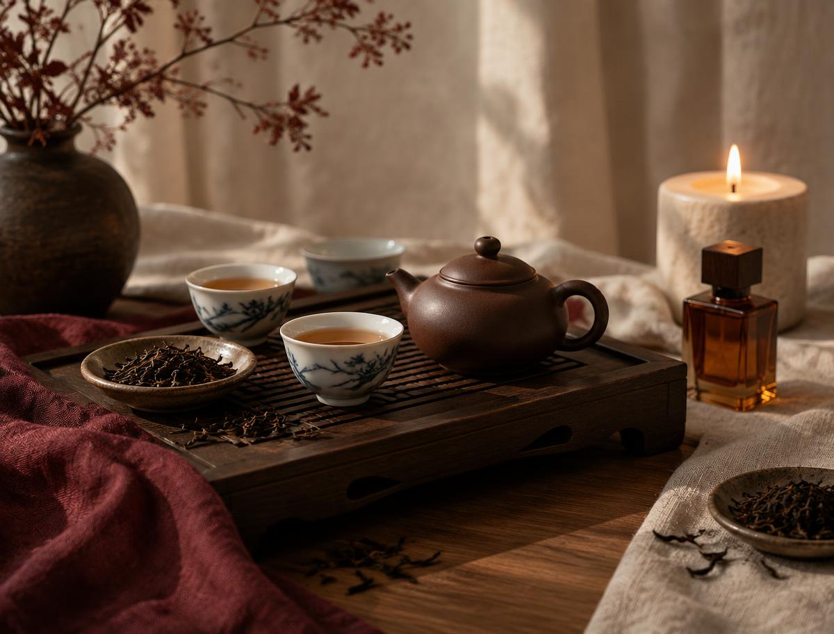 A wooden chaban tea tray with Chinese tea ware, loose tea, a perfume bottle, and a candle in warm cream and burgundy tones