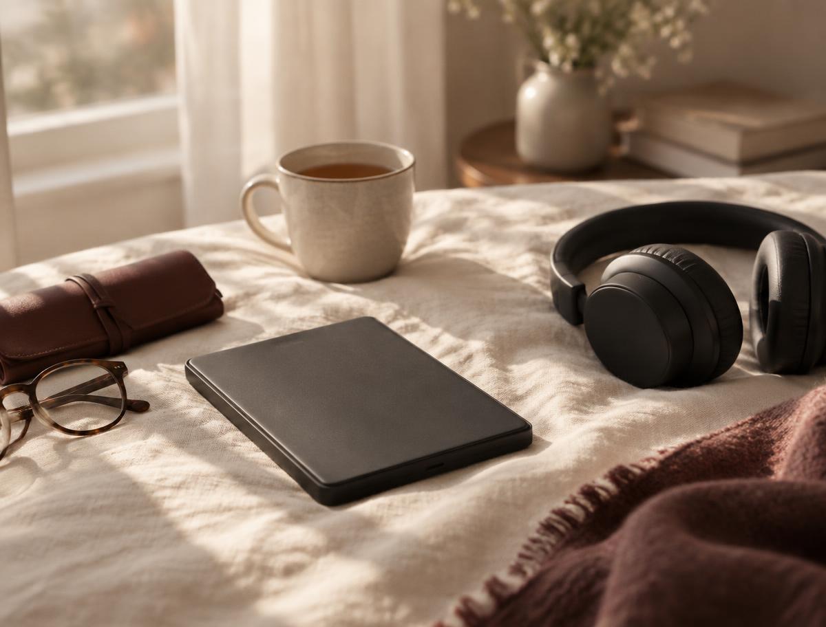 A quiet morning still life with an e-reader, headphones, and a cup of tea on ivory linen